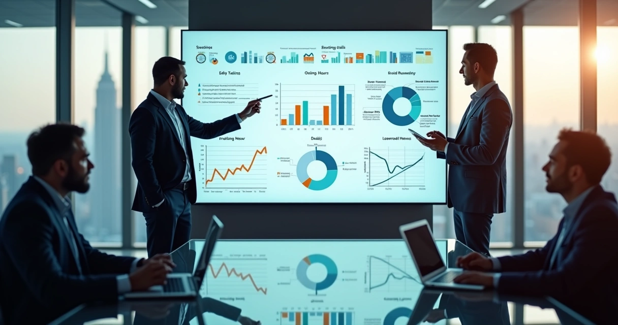 Gestores analisando painel de dados de treinamento corporativo 