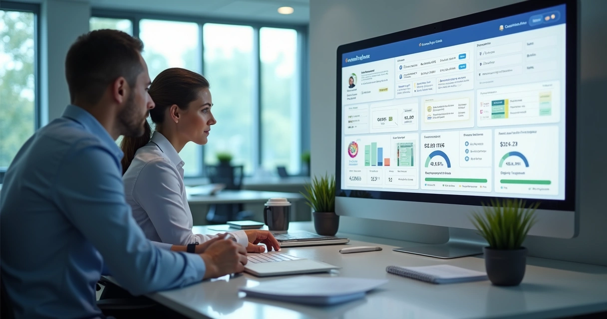 Painel digital de treinamentos em escritório corporativo 