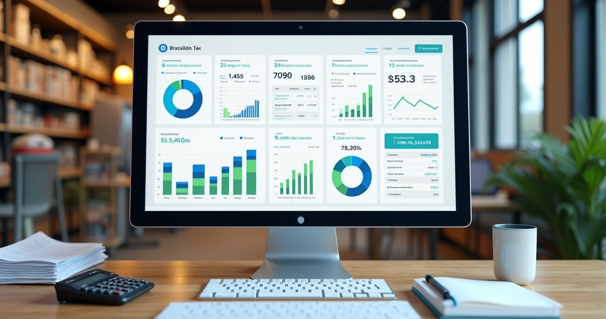 Painel fiscal digital com gráficos e documentos