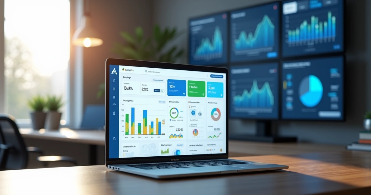 Painel único exibindo métricas de Google Ads e Meta Ads lado a lado em um notebook 