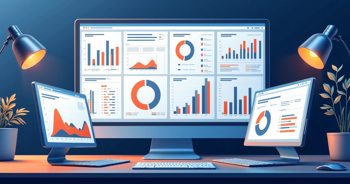 Painel digital mostrando gráficos de desempenho de campanhas Google Ads e Meta Ads lado a lado 