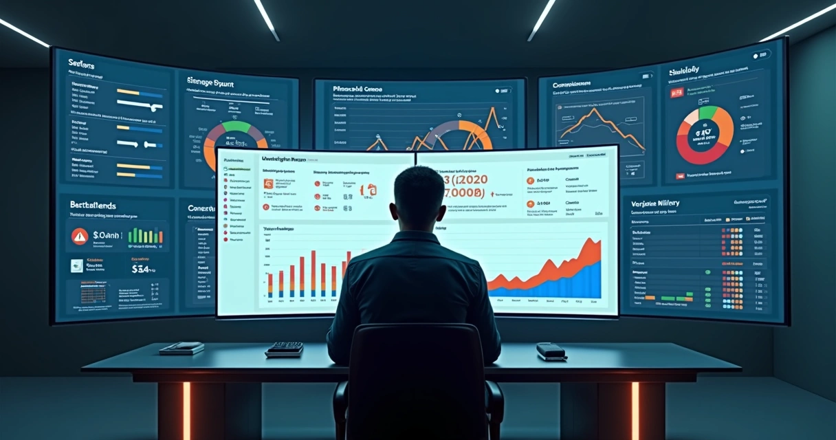 Painel unificado de anúncios com IA gerenciando campanhas multicanais 