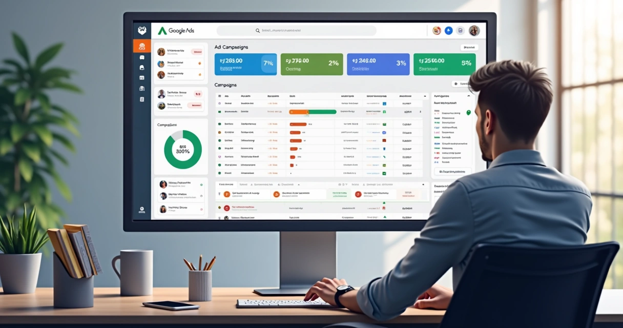 Painel de campanhas de tráfego pago mostrando contas integradas de Google Ads e Meta Ads em visualização clara 
