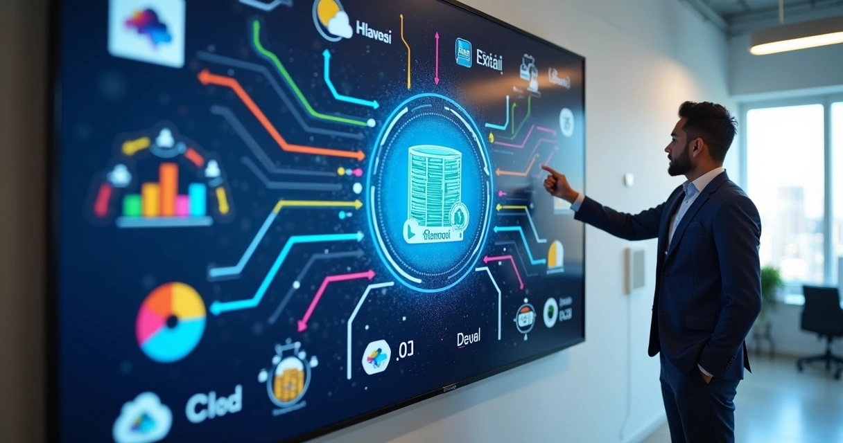 Painel unificado mostrando várias clouds e banco de dados central 