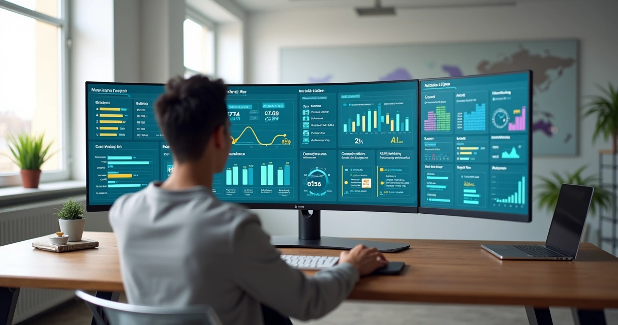 Profissional analisando painel unificado de campanhas de anúncios em várias plataformas 
