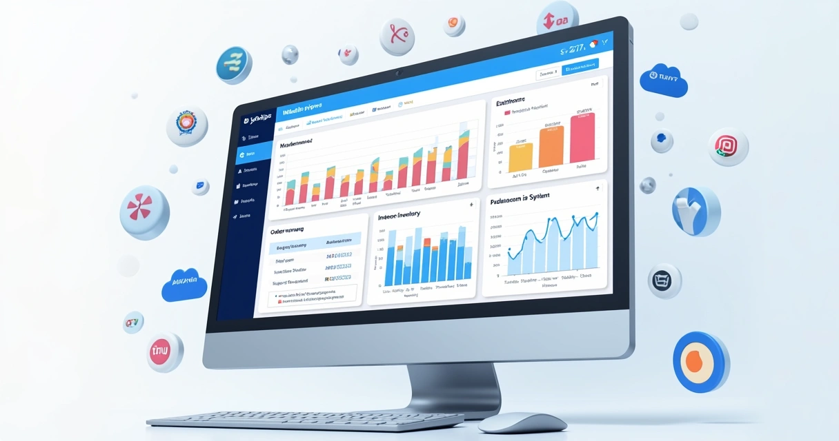 Painel moderno mostrando gráficos de vendas integradas e estoque centralizado 