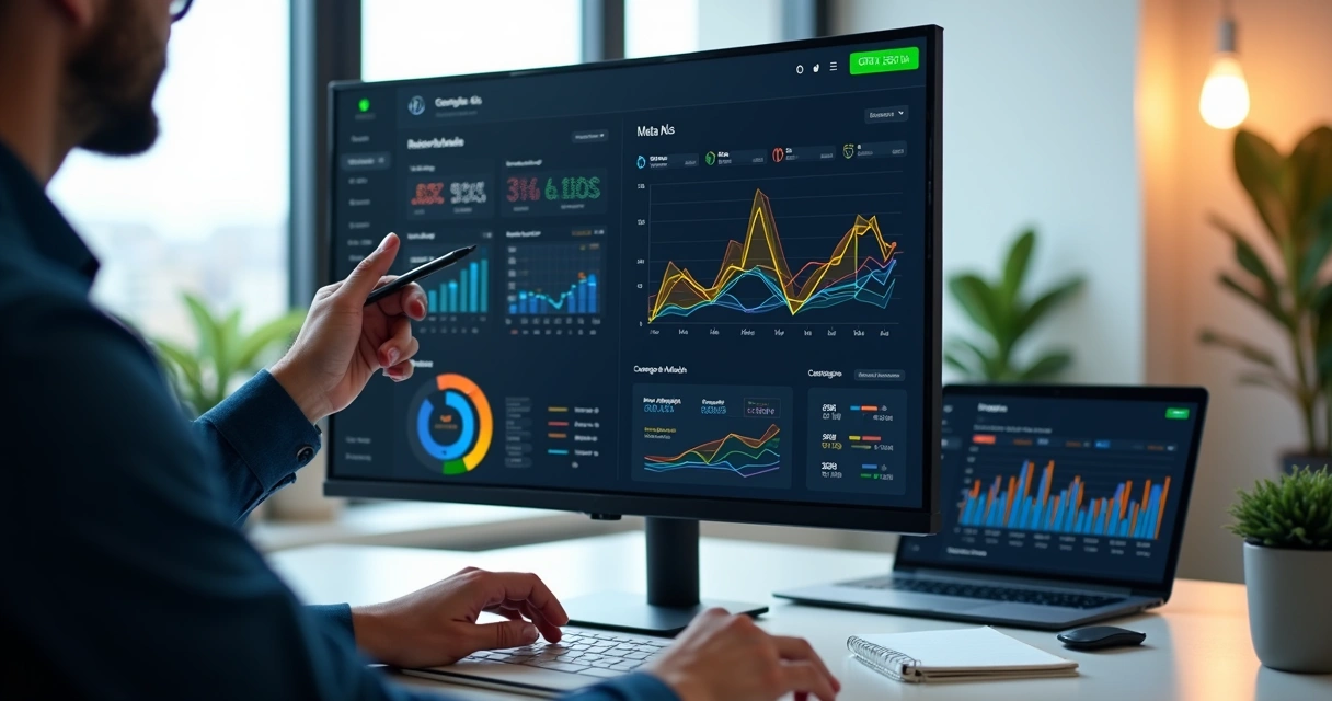 Painel unificado exibindo métricas de Google Ads e Meta Ads em um único dashboard profissional 