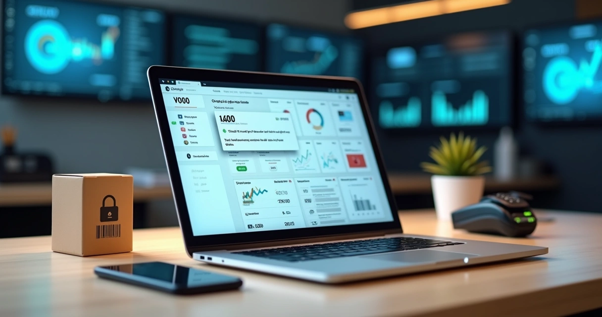 Dashboard de e-commerce em notebook exibindo código V400 em destaque 