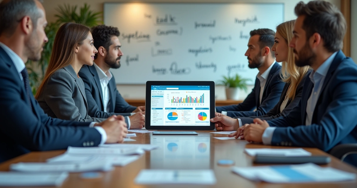 Mesa de reunião com equipe analisando painel de vendas digital 