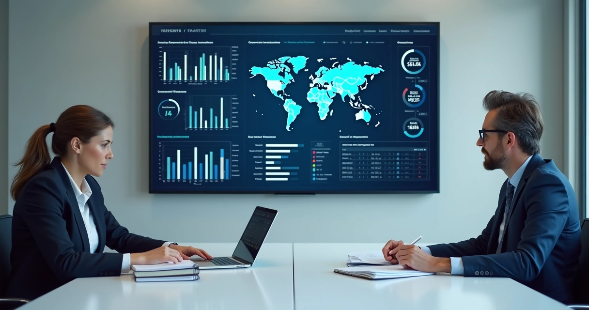 Painel comercial com gráficos de vendas e funil em tela grande 