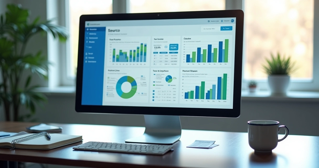 Painel de CRM com gráficos de vendas e funil comercial em monitor