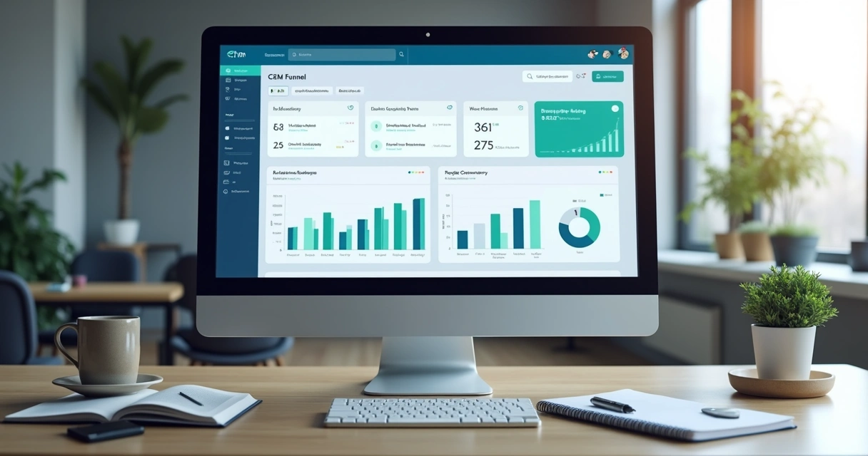 Painel de CRM com funil de vendas e métricas em tela 