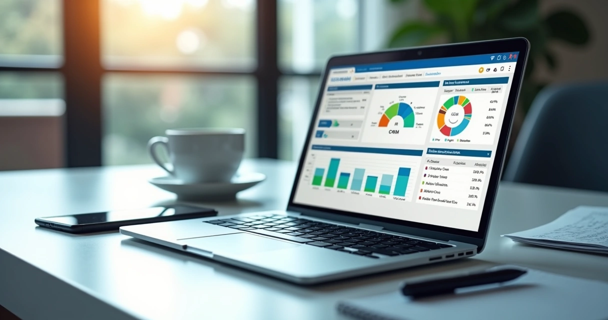 CRM dashboard with sales funnel and reports on a laptop