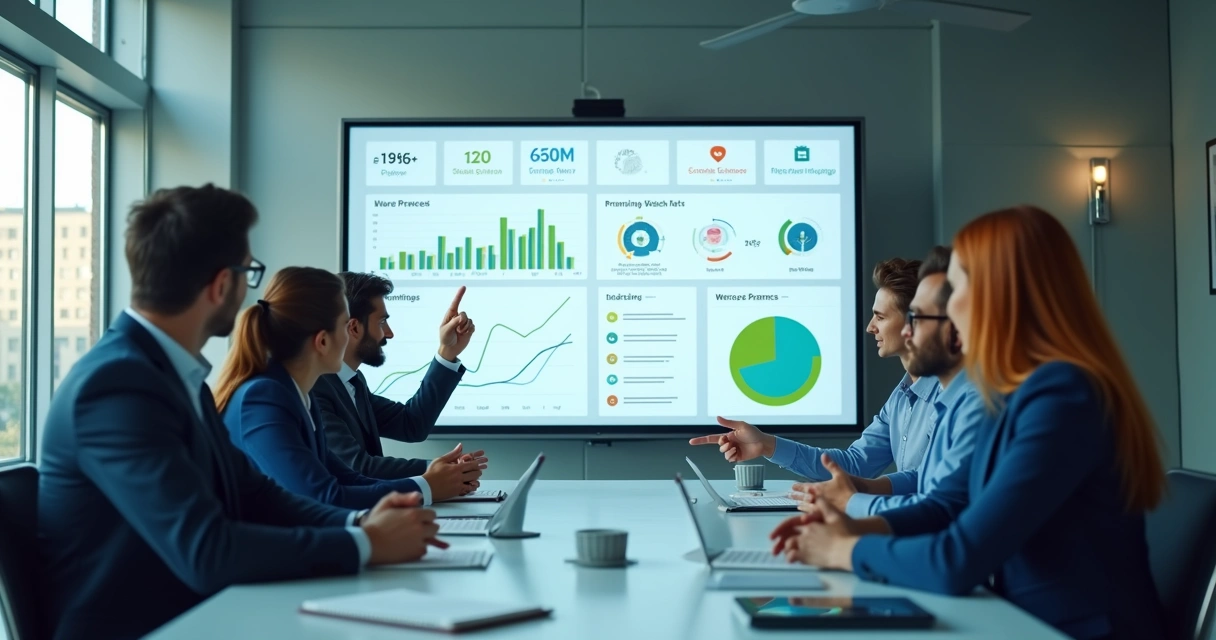 Painel de metas com equipe comercial reunida