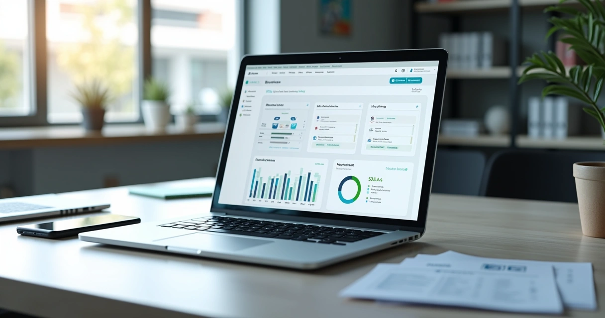 Sales dashboard on a laptop on an office desk with graphs and CRM