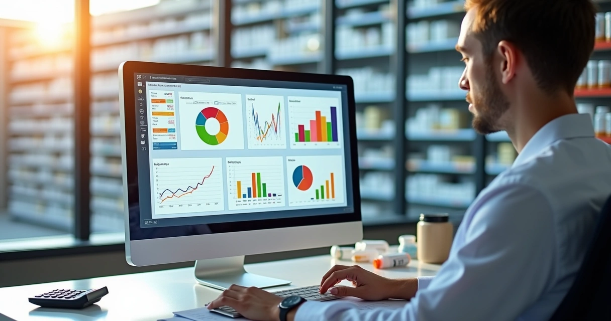 Painel de vendas com gráficos em tela de computador de farmácia de manipulação 