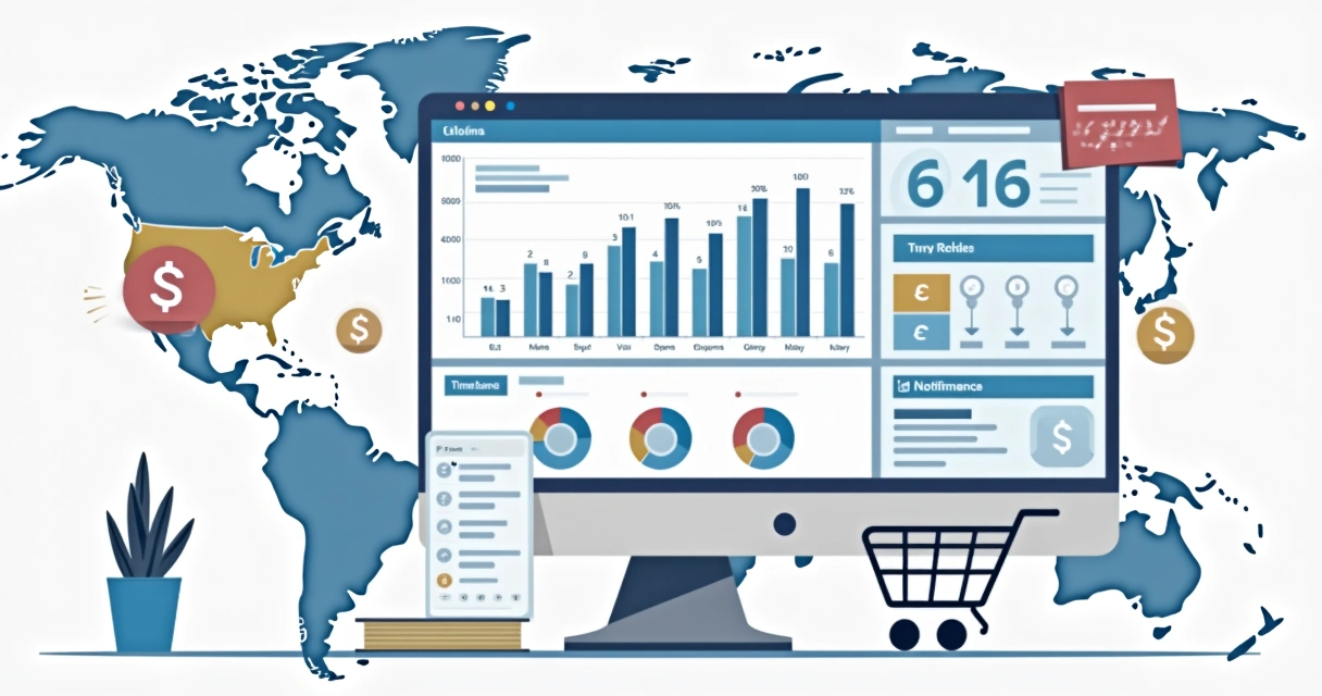Painel de vendas globais de uma loja virtual mostrando diferentes países e moedas 