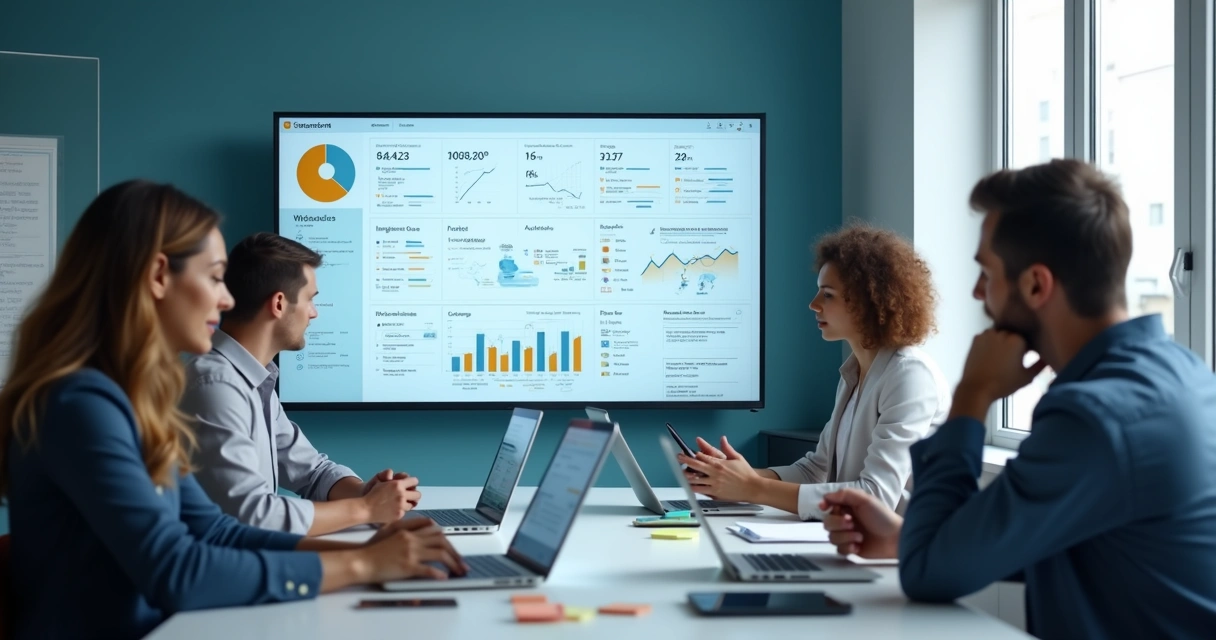 Painel de vendas com dados centralizados e equipa comercial em reunião 