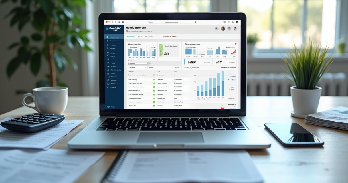 Notebook com painel de vendas suspenso e papéis financeiros 
