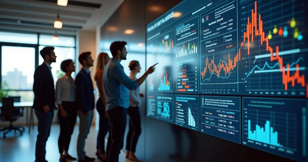 Quadro de indicadores exposto e equipe analisando resultados 
