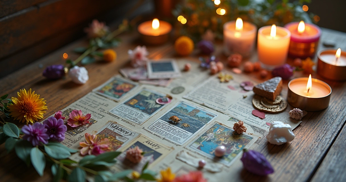 Painel de visualização cigano colorido com colagens e símbolos 