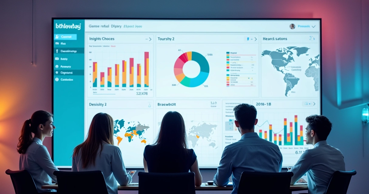 Painel digital de análise de dados em tela clara, gráficos coloridos, mapas e informações detalhadas 