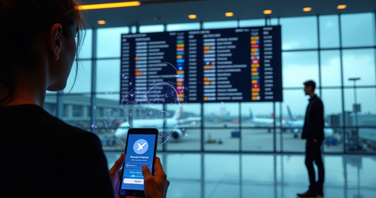 Painel digital de voos mostrando conexões internacionais e símbolos de milhas aéreas 