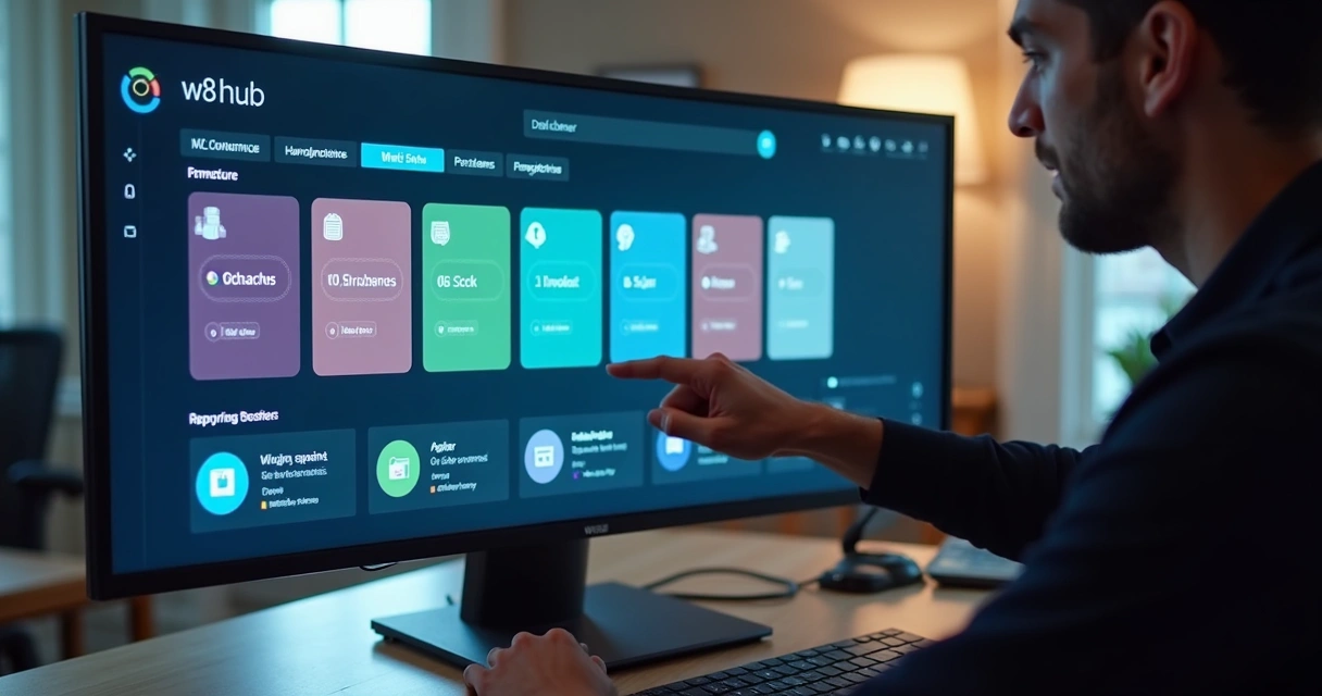 Painel intuitivo do W8 Hub com várias aplicações em exibição 