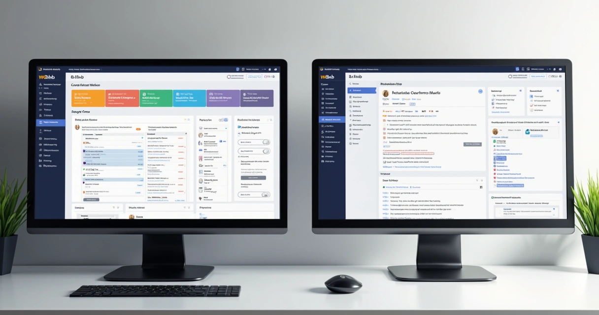 Dashboard de plataformas de hospedagem lado a lado, mostrando painel W8 Hub e um painel tradicional. 