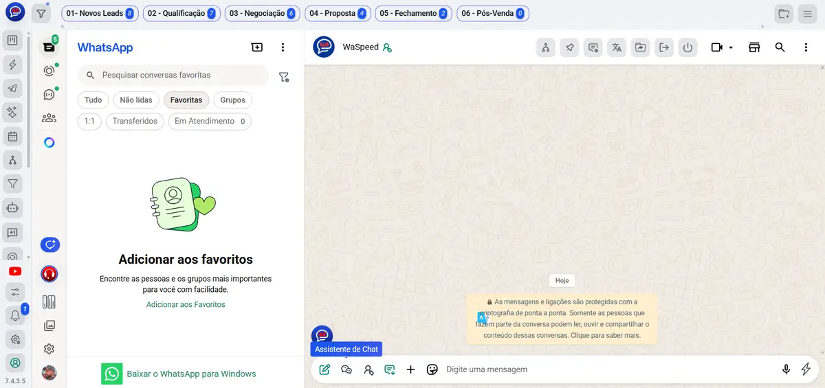 Captura de tela do painel WaSpeed integrado ao WhatsApp Web mostrando abas de funil de vendas e interface de chat