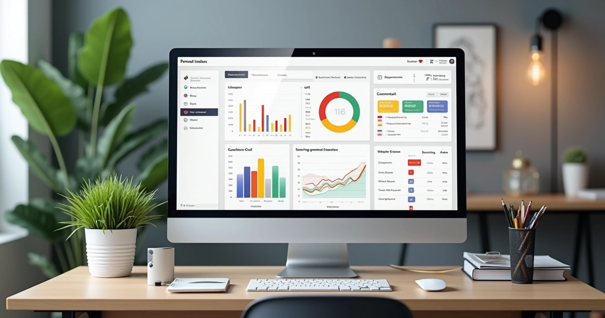Painel web aberto com dashboards de finanças pessoais e indicadores 