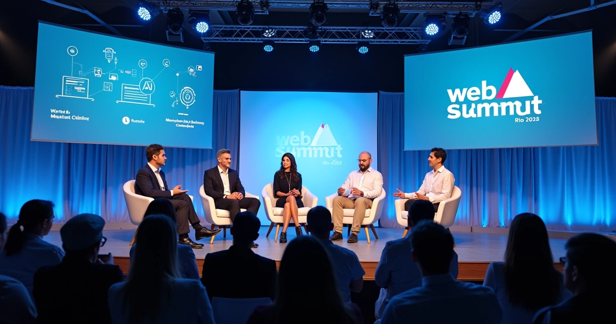 Painel com profissionais de marketing e tecnologia discutindo IA no palco, fundo com luzes azuis e púbico atento. 