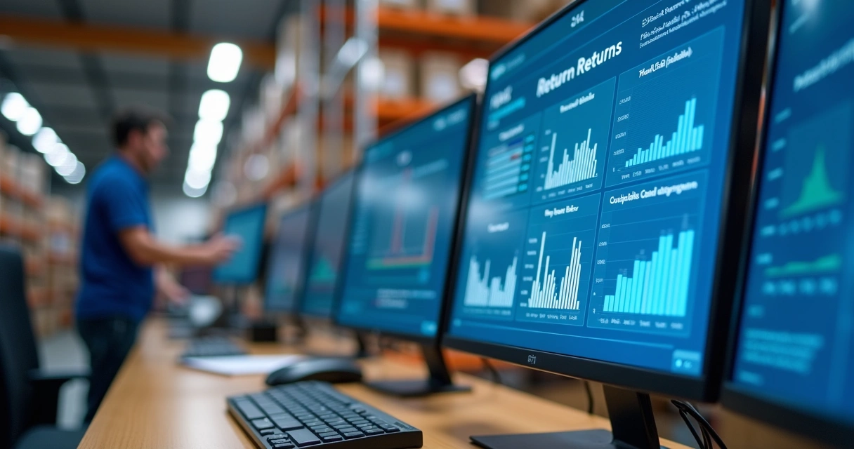 Painel de WMS com indicadores de devoluções em monitor logístico 