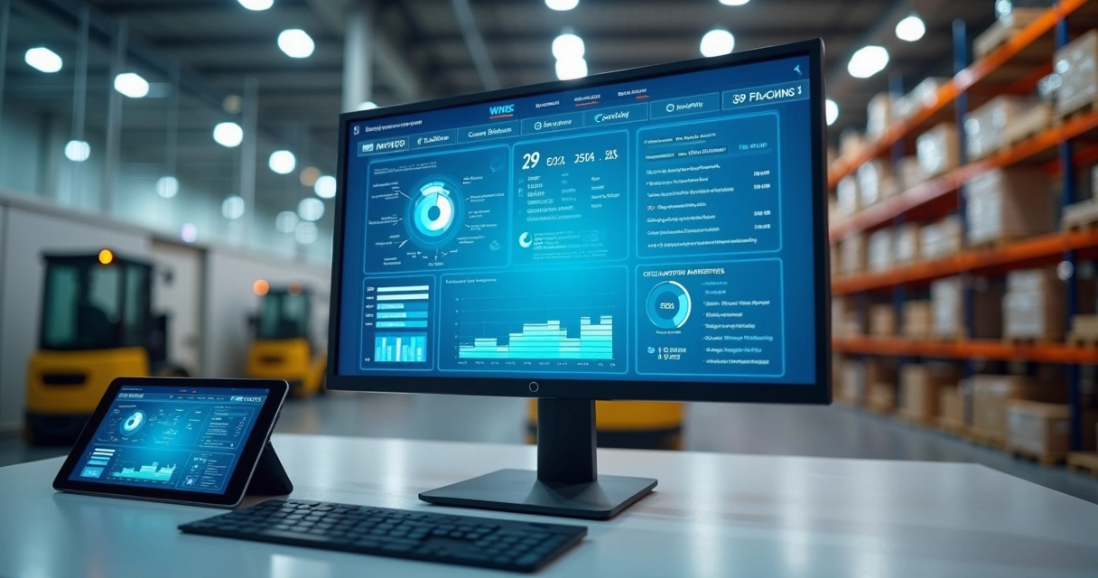 Painel de WMS com indicadores de inventário em monitor 