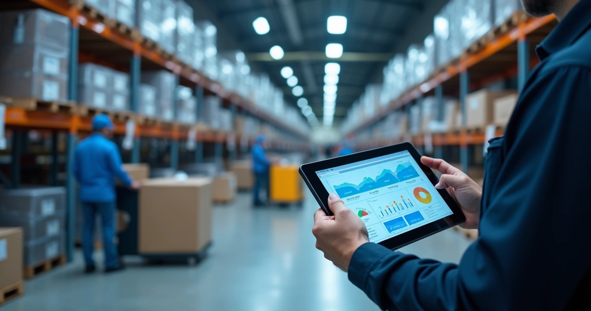 Painel de WMS com indicadores de picking e operador usando coletor 