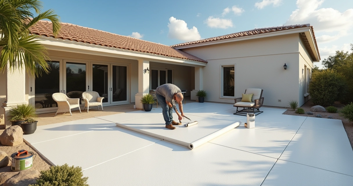 Professional applying thermal paint to a concrete patio in Orlando 