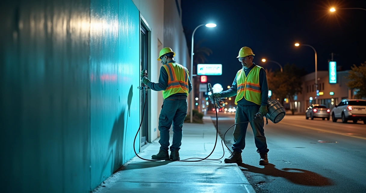Night crew painting a business exterior in Florida using spray equipment