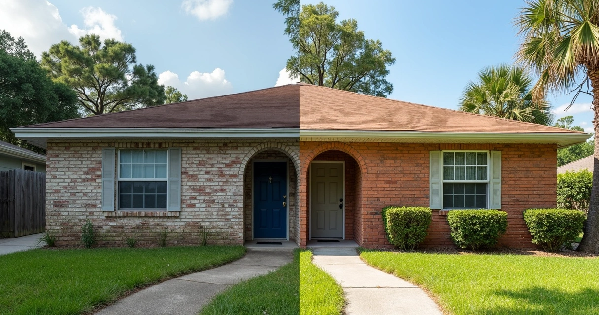 Side-by-side before and after view of painted brick Florida home 