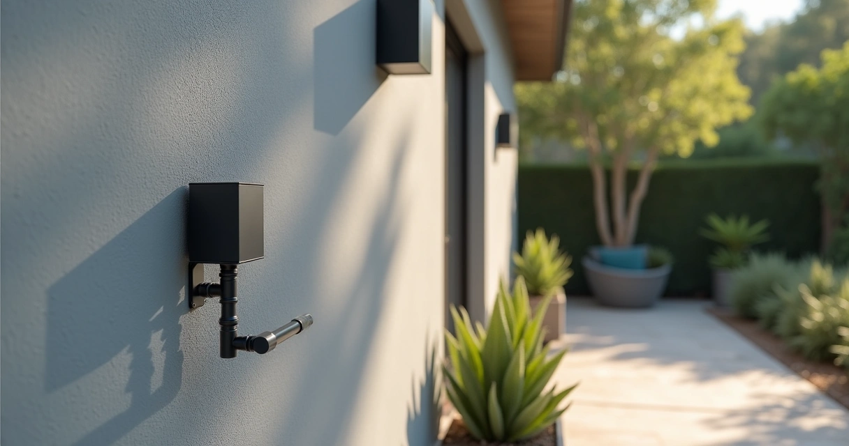 Painted conduit blending into patio wall 