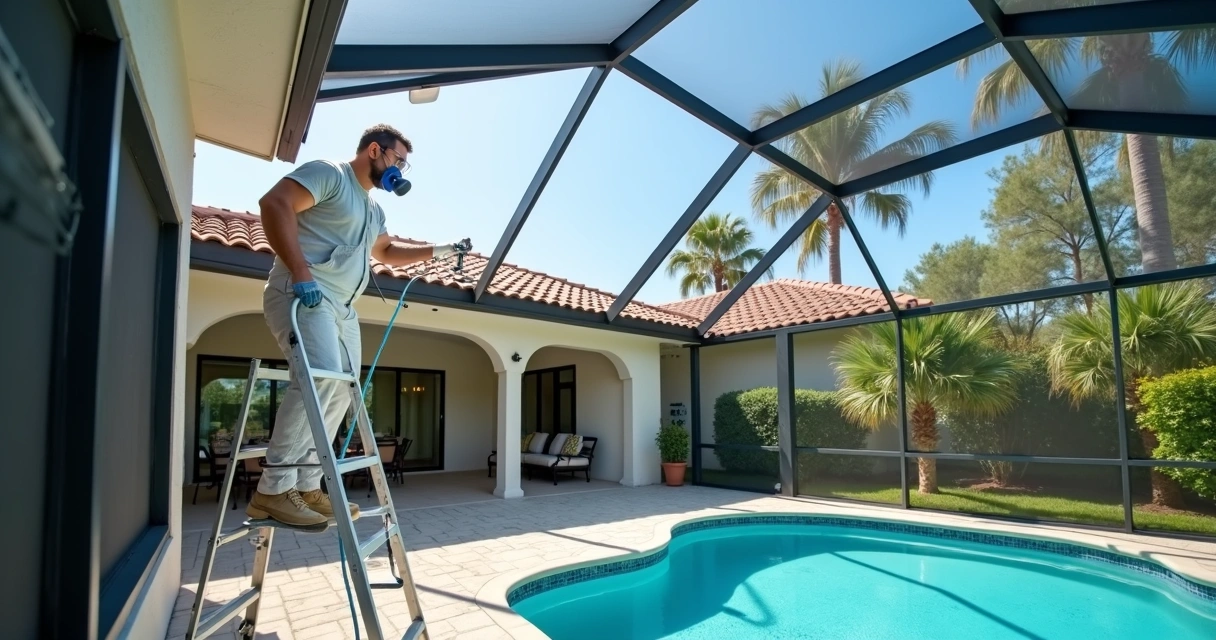Professional painter spraying coating on aluminum pool screen enclosure in Orlando backyard 