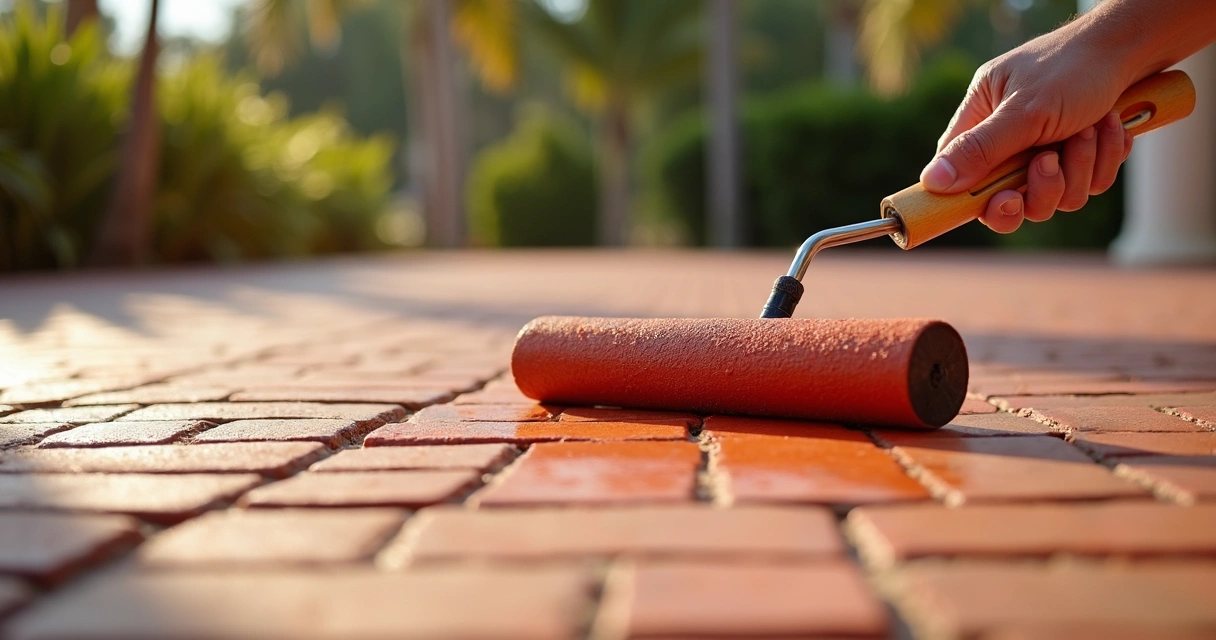 Closeup of hand painting brick pavers with roller brush in Florida sun 