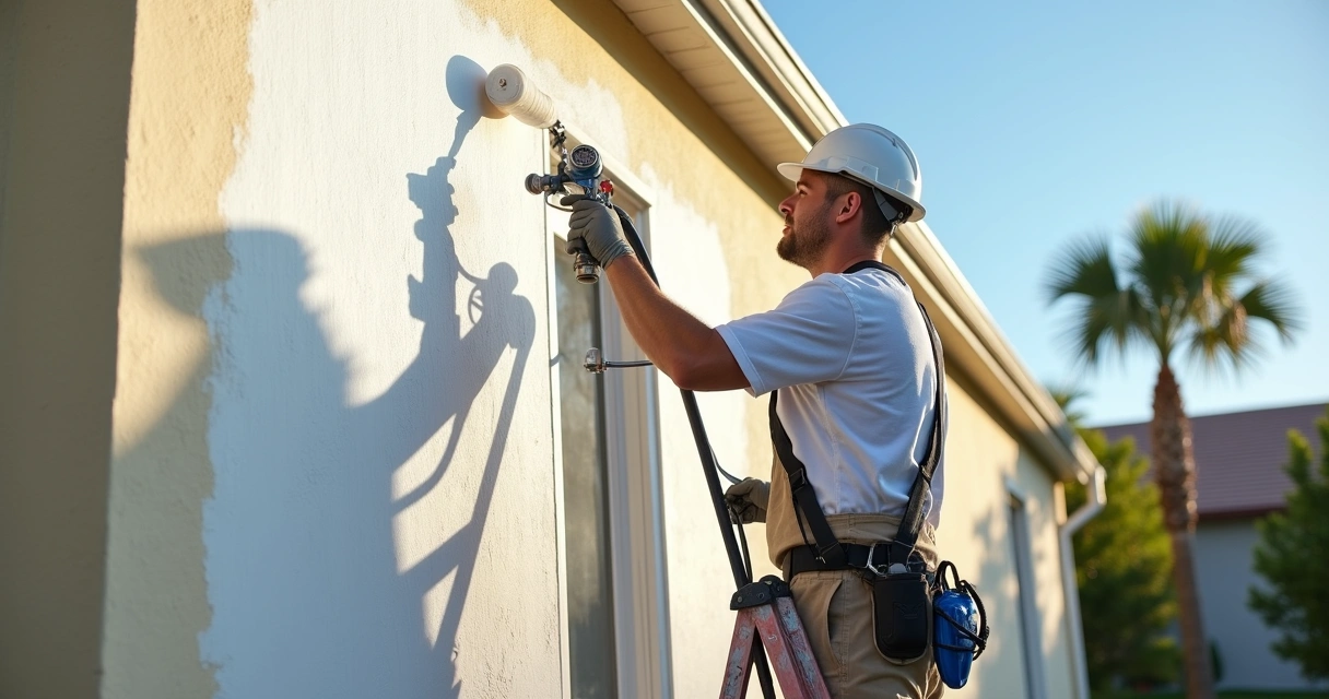 Painting team applying white paint to stucco exterior wall in Orlando