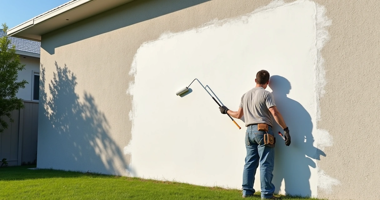 Technician applying topcoat paint to masonry wall in Orlando 
