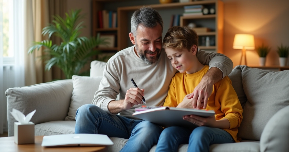 Pai e adolescente sentados no sofá praticando autopercepção emocional com caderno de anotações 