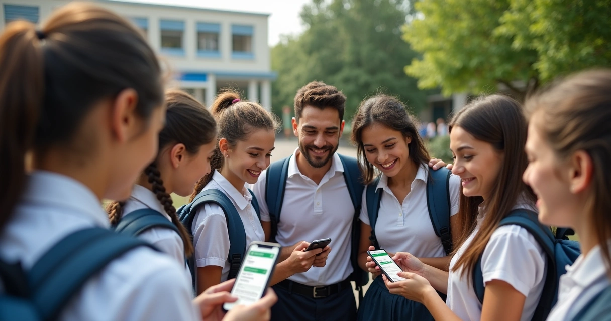 Pais e alunos sorrindo ao receberem informações escolares no celular
