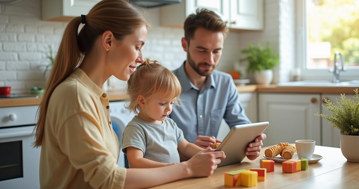 Pais usando aplicativo educativo em tablet na cozinha com criança 