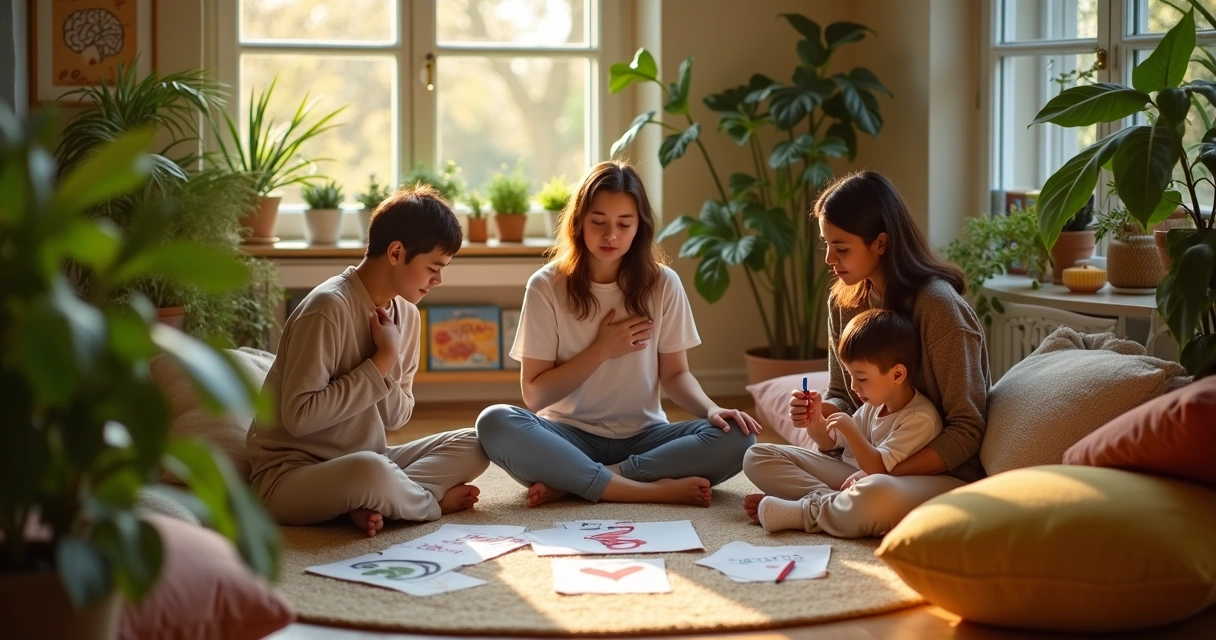 Pais sentados em jardim interno acolhendo filhos pequenos em clima tranquilo 