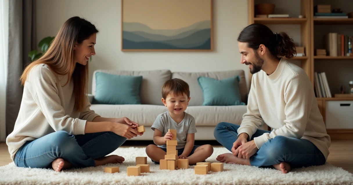 Pai e mãe sentados no chão da sala brincando de construir junto com filho pequeno 