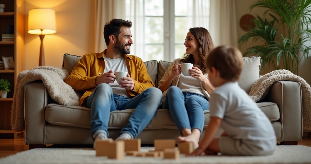 Casal sentado em sofá descansando enquanto criança brinca no chão. 