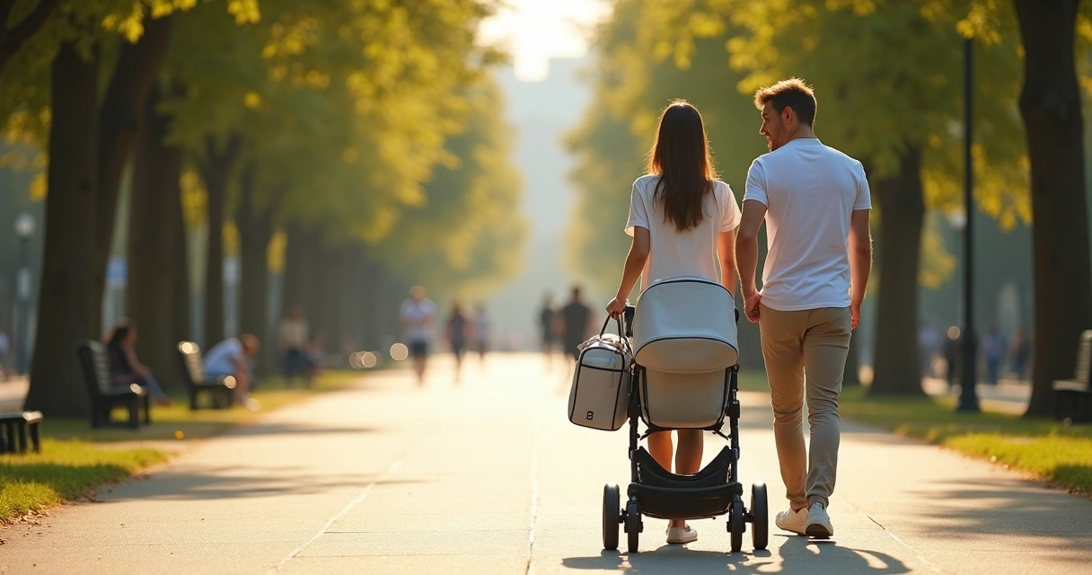 Pais andando com bebê recém-nascido em carrinho à sombra no parque 